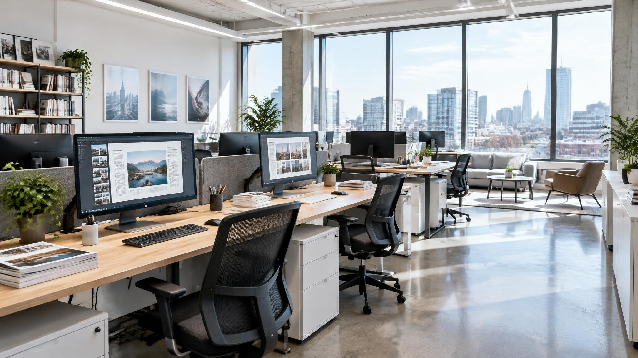 Bright modern open office space with desks and large windows