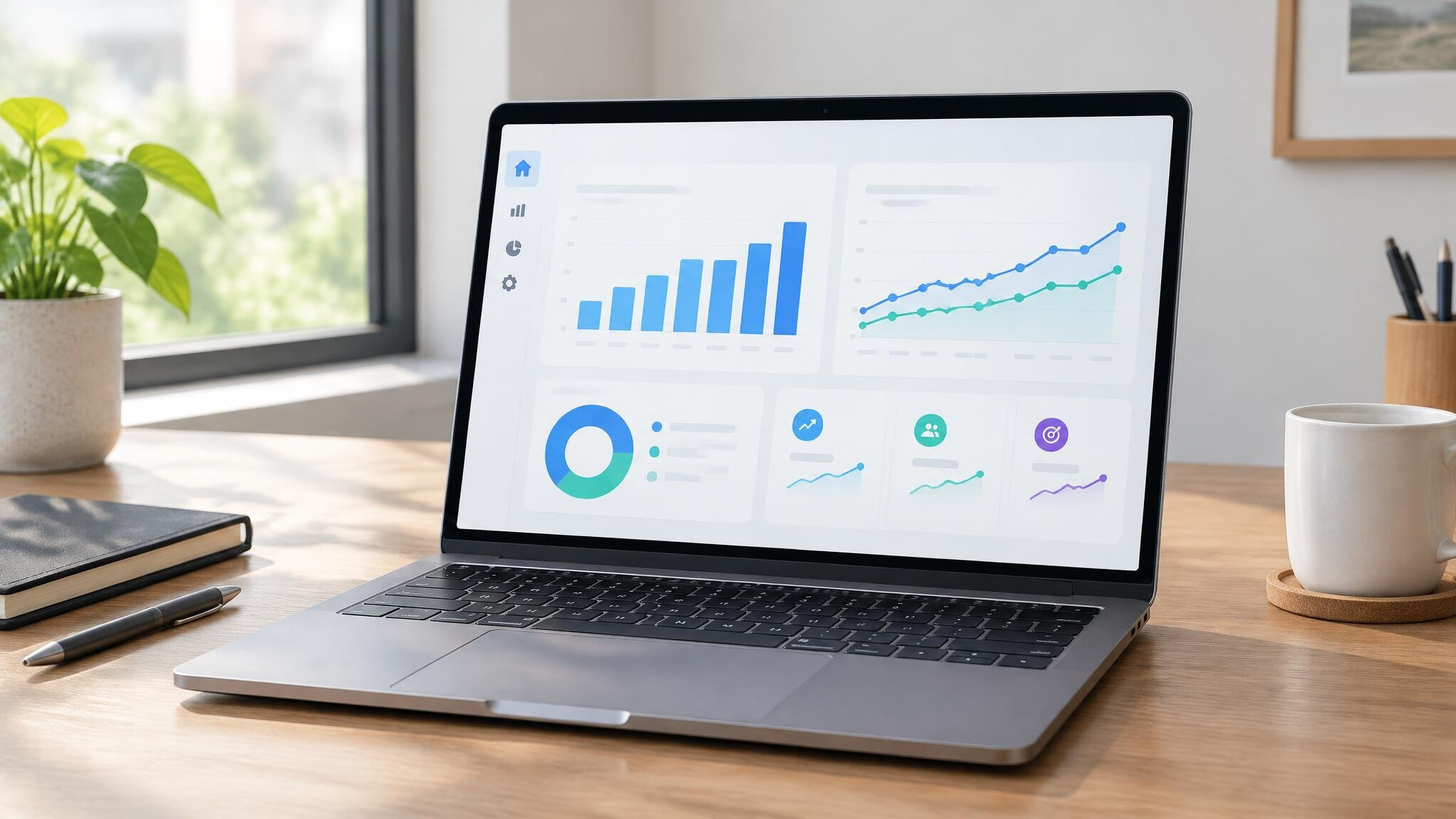 Laptop displaying an analytics dashboard with charts