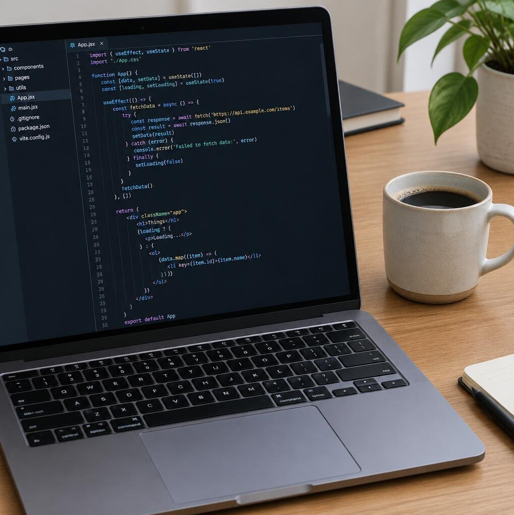 Laptop with code on screen next to a coffee cup