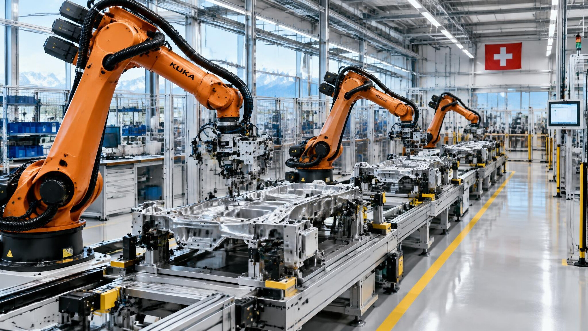 Industrial robotic arms assembling products on a modern factory production line