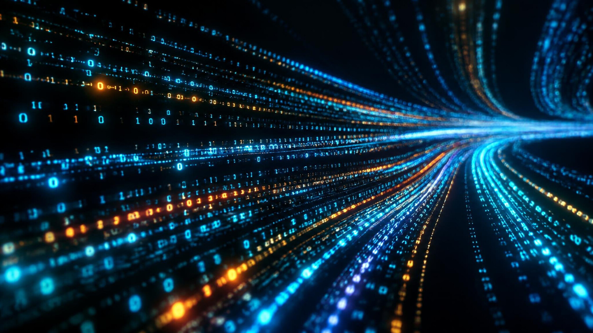 Green digital code streams on a dark background