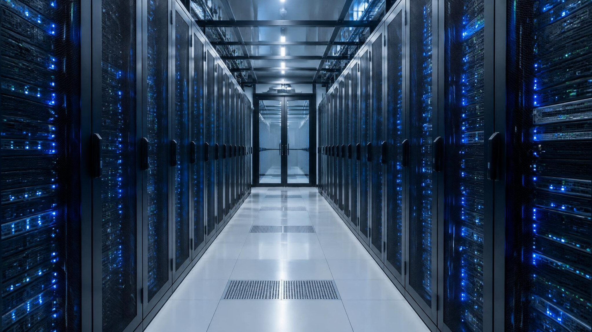Rows of servers in a data center with blue lights