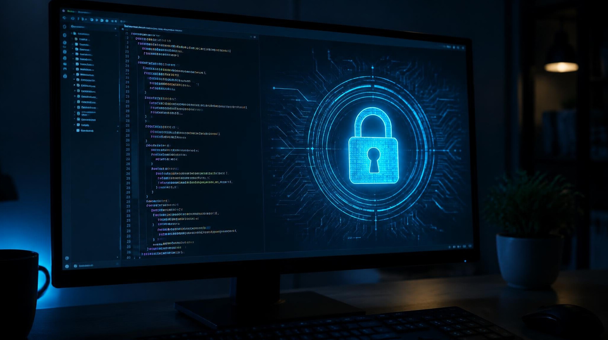 Cybersecurity concept with digital lock and code on a screen