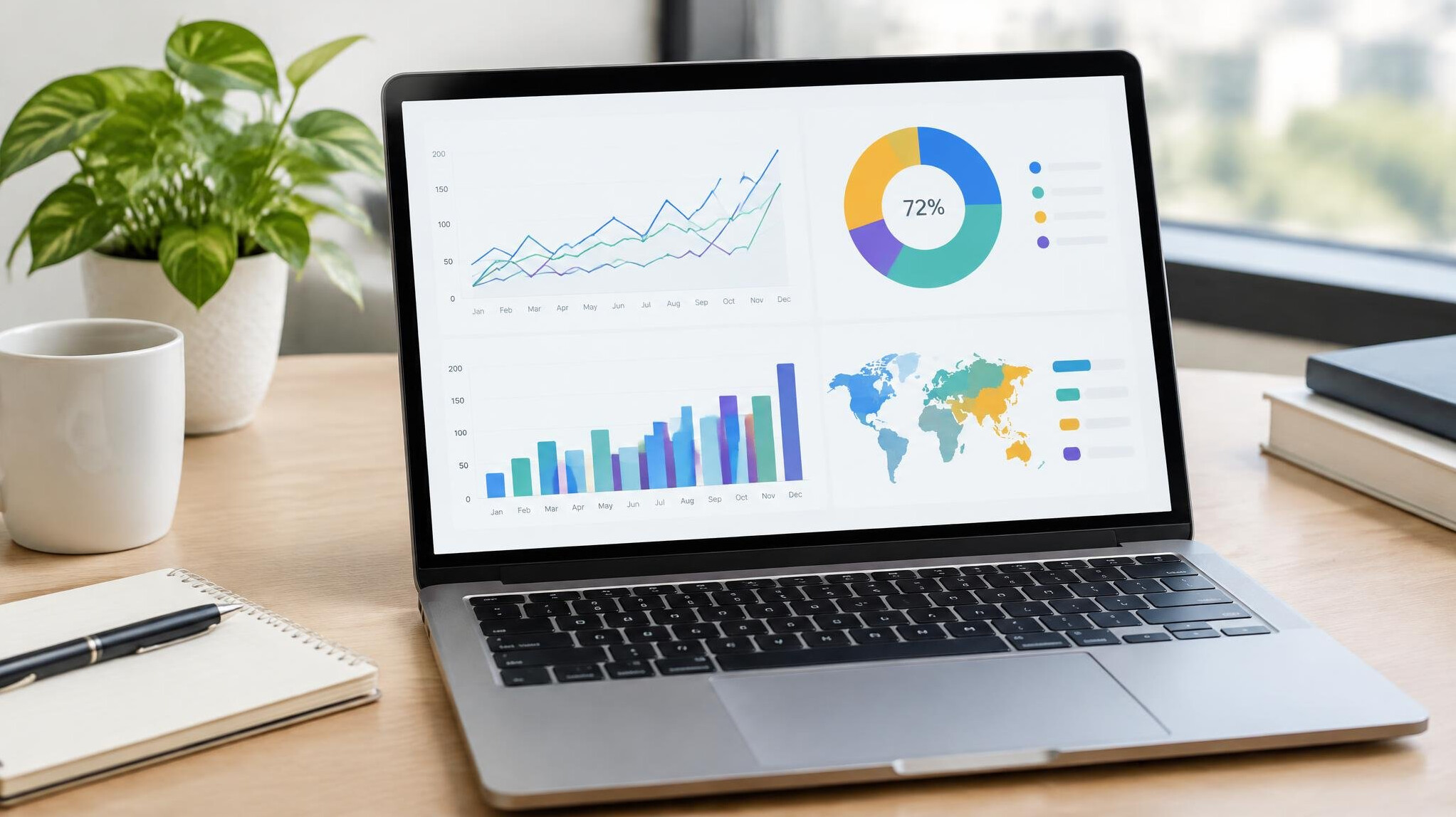 Laptop screen showing analytics charts and graphs